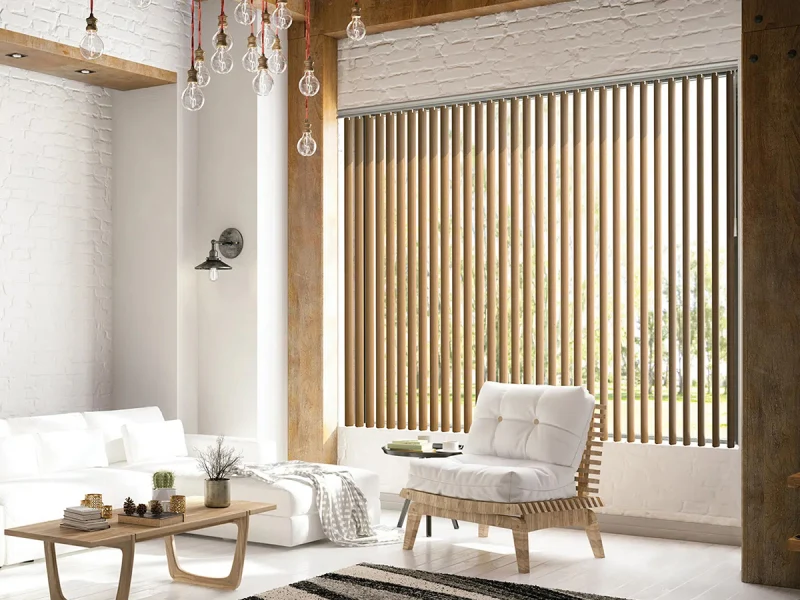 Dubai's villa living room with wide windows dressed in sheer vertical blinds