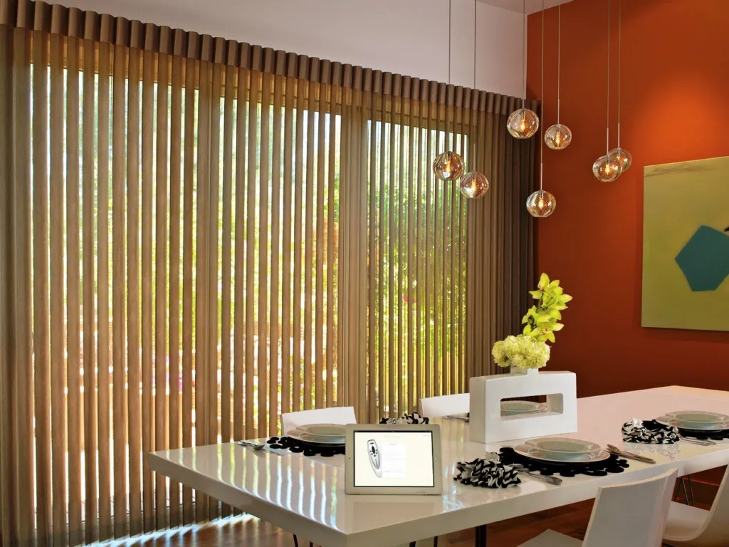 Private Villa living room in Dubai featuring beige vertical blinds and warm earthy tones.