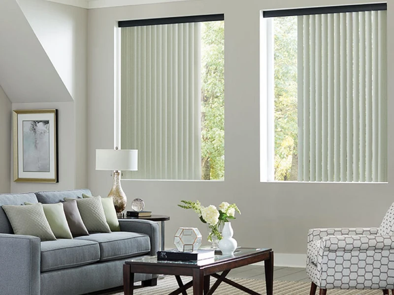 living room in Dubai with stylish vertical blinds on large windows