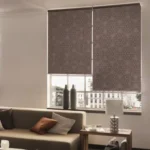 living room with two windows covered by brown patterned roller blinds.